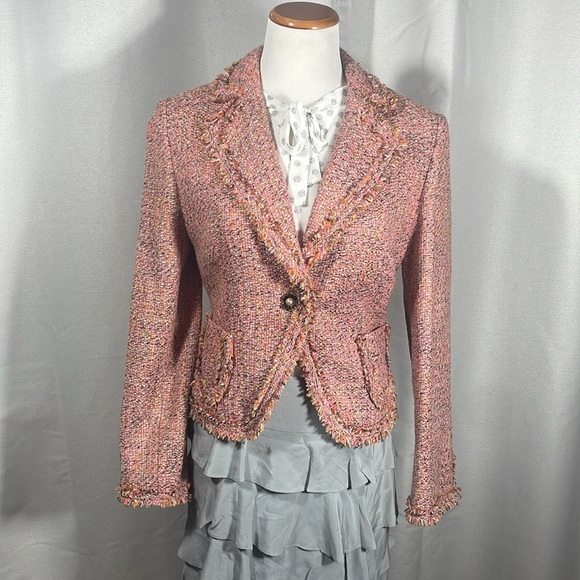 Valerie Stevens Pink Tweed Jacket flower jeweled button - Picture 1 of 8